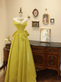 Elegant A Line Strapless Yellow Satin Long Prom Dress Evening Dress with Bow HZ1023