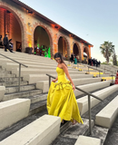 Pretty A Line Strapless Yellow Satin Prom Dress Evening Dress with Bow HZ1023