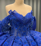 Royal Blue Ball Gown Off the Shoulder Beaded 3D Flowers Sweet 16 Dress Girls Party Gowns vestidos de quincea?era HZ1023