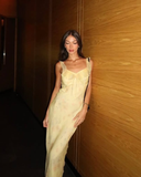 Light Yellow Sheath Straps Ruffle Print Floral Chiffon Evening Dress Outfits HZ1023