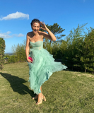 Charming A Line Spaghetti Strap Corset Tiered Mint Green Tulle Prom Dress Evening Dress HZ1023