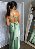 Green Simple Sheath V Neck Satin Open Back Prom Dress Evening Dress Formal Gown HZ1023
