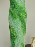 Unique Sheath Halter Green Print Floral Chiffon Open Back Long Prom Dress Formal Dress HZ1023