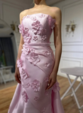 Sweet Pink Mermaid Strapless 3D Floral Satin Prom Dress Evening Dress HZ1023