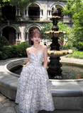 Blue A Line Sweetheart Neck Print Floral Satin Prom Dress 16th Birthday Dress HZ1023