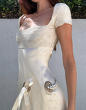 Ivory A Line Square Neck Pearl Satin Short Homecoming Dress with Slit HZ1023