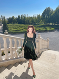 Vintage A Line Long Sleeve Green Velvet Short Prom Dress Homecoming Dress HZ1023