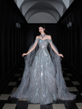 Shiny Exquisite Beaded A Line Off the Shoulder Grey Tulle Long Evening Dress Ball Gown HZ1023