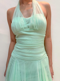 Vintage A Line Halter V Neck Ruffle Green Tulle Short Homecoming Dress Evening Dress HZ1023
