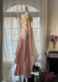 Classy A Line V Neck Beaded Pink Chiffon Satin Long Party Dress Evening Dress HZ1023