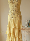 Yellow Mermaid Spaghetti Strap Embroidered Beaded Ruffle Chiffon Prom Dress Formal Dress HZ1023