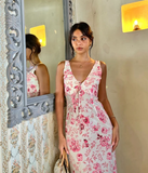 Pink Sheath V Neck Print Floral Chiffon Prom Dress Evening Dress HZ1023