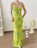 Vintage Halter Green Beaded Chiffon Open Back Long Prom Dress Formal Dress HZ1023