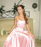 Pink A Line Spaghetti Straps Appliques Satin Long Prom Dress Evening Dress HZ1023