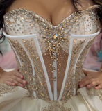 Champagne Sweetheart Neck Corset Rhinestone Tulle Ball Gown Sweet 16 Dress Quinceanera Dress HZ1023