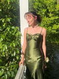 Vintage Mermaid Spaghetti Strap Green Satin Party Dress Evening Dress HZ1023