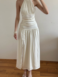 Simple Ivory A Line Halter Pleated Satin Slit Open Back Evening Dress Party Dress HZ1023