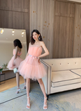 Pink A Line Strapless Tulle Short Outfit Party Dress Homecoming Dress Birthday Dress HZ1023