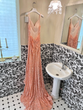 Shiny Orange Mermaid Spaghetti Strap Sequin Open Back Evening Dress Prom Dress HZ1023