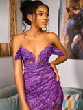 Unique Mermaid Strapless Purple Beaded Velvet Tulle Prom Dress Evening Dress HZ1023