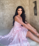 Pink A Line Strapless Floral Ruffle Layered Satin Short Homecoming Dress Outfits HZ1023