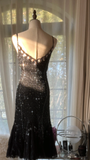Stunning Mermaid Spaghetti Strap Beaded Black Chiffon Short Homecoming Dress Cocktail Dress HZ1023