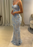 Baby Blue Sheath V Neck Beaded 3D Floral Lace Prom Dress Evening Dress HZ1023