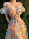 Unique Print Floral A Line Off the Shoulder Chiffon Long Prom Dress Party Dress HZ1023