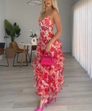 Spaghetti Straps Chiffon Ruffles Print Floral A-Line Long Party Dress Prom Dress HZ1023