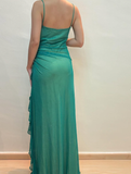 Vintage A Line Spaghetti Strap Rhinestone Green Chiffon Prom Dress Evening Dress HZ1023