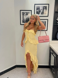 Chic Spaghetti Straps Yellow Ruffles Slit Prom Dress Long Party Dress HZ1023