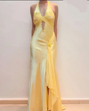 Vintage Mermaid Halter Beaded Yellow Chiffon Satin Evening Dress Party Dress HZ1023