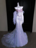 Exquisite Beaded Silver Sequin Mermaid Feather Tulle Date Dress Evening Dress Prom Dress HZ1023