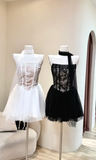 Black Sexy A Line Strapless Lace Tulle Short Homecoming Dress Cocktail Dress HZ1023