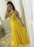 Yellow lace chiffon long prom dress, yellow evening dress HZ1023