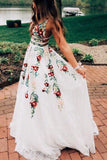 Charming V neck A Line Prom Dress with Embroidery, Open Back Evening Dress HZ1023