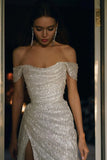 Shiny A Line Off the Shoulder Sequin Long Prom Dress Evening Dress with Slit HZ1023