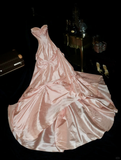 Pink Princess A Line Sweetheart Neck Beaded Satin Long Prom Dress Wedding Guest Dress HZ1023