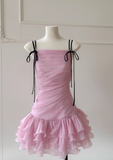 Cute Pink A Line Spaghetti Strap Layered Chiffon Homecoming Dress HZ1023