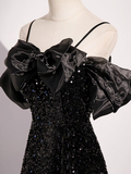 Black Off Shoulder Sequin Long Prom Dress Evening Dress With Bow Knot HZ1023