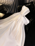 Simple A Line Off the Shoulder White Satin Long Party Dress Birthday Dress with Bow HZ1023