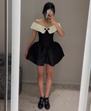 Stunning A Line Off the Shoulder White Black Satin Short Homecoming Dress Birthday Dress HZ1023