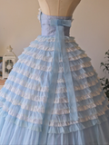Vintage Blue Ball Gown Sweetheart Neck Layered Lace Tulle Prom Dress 16th Birthday Dress HZ1023
