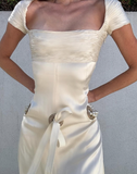 Ivory A Line Square Neck Pearl Satin Short Homecoming Dress with Slit HZ1023
