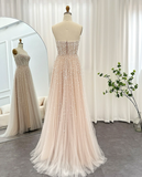 Elegant A Line Strapless Sequin Pearl Beaded Tulle Long Prom Dress Evening Dress HZ1023