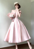 Princess Pink A Line Off the Shoulder Satin Long Party Dress Evening Dress HZ1023