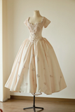 Vintage Apricot Floral Ball Gown Sleeve Satin Prom Dress 16th Birthday Dress Formal Gown HZ1023