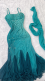 Blue Ombre Mermaid Spaghetti Strap Beaded Sequin Chiffon Prom Dress Graduation Prom Dress HZ1023