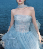 Gorgeous A Line Strapless Beaded Blue Tulle Long Party Dress Evening Dress HZ1023