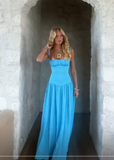 Blue Simple A Line Spaghetti Strap Satin Long Prom Dress 16th Birthday Dress HZ1023